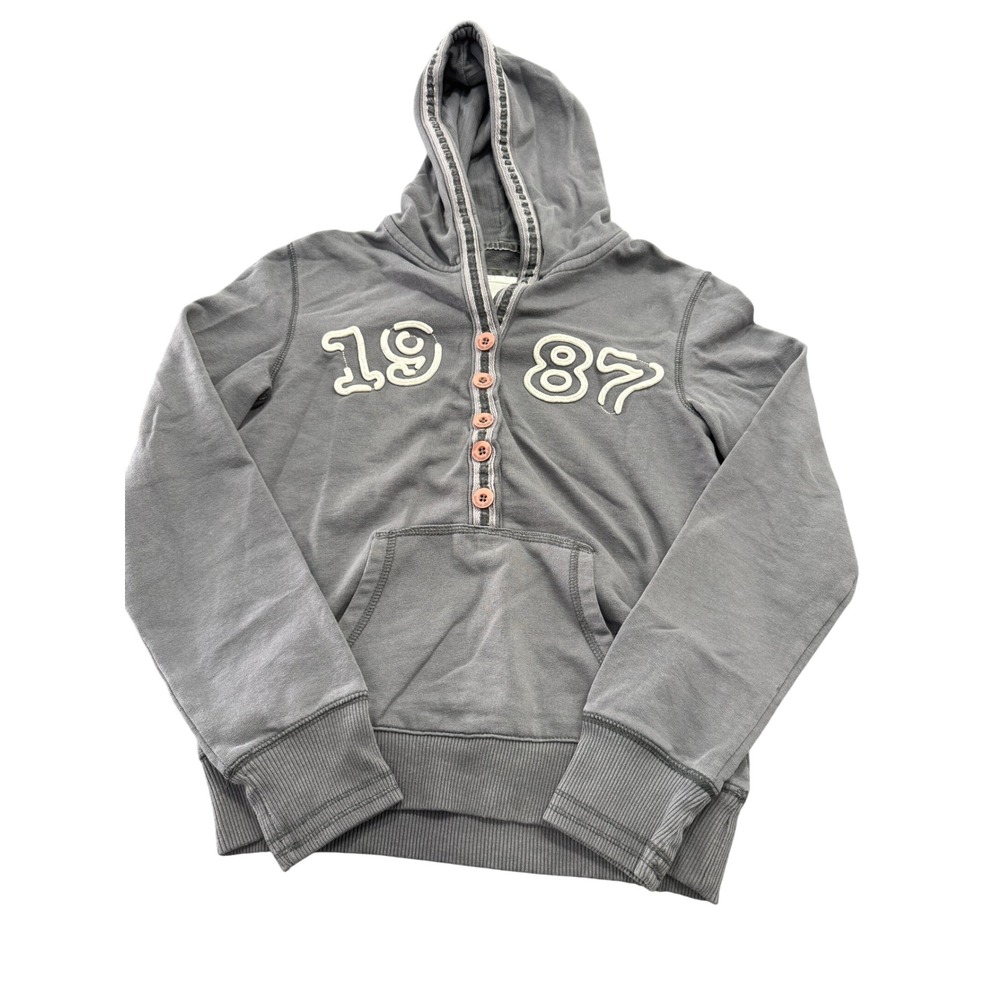 Aeropostale Womens Grey 1987 Graphic Henley Button Hoodie Sweatshirt Size M